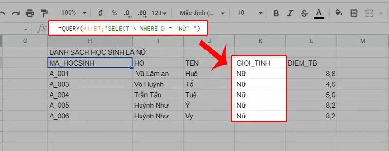 Cách sử dụng hàm QUERY trong Google Sheet để lọc dữ liệu