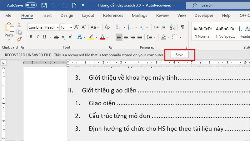 Khôi phục file word chưa lưu khi bị mất điện đột ngột